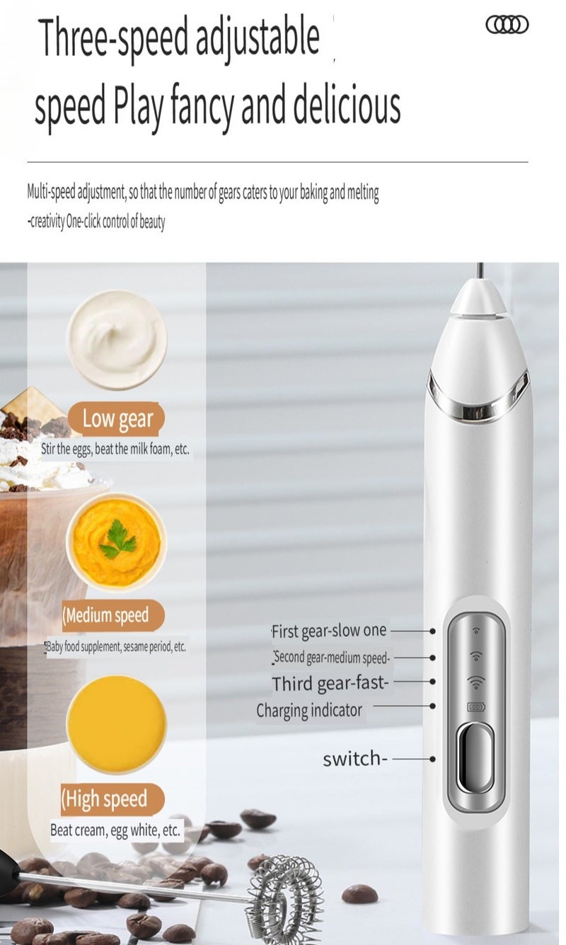 الكهربائية الحليب الرغوة اليدوية USB مع قوس ثلاثة سرعة قابلة للتعديل, رغوة صانع 1200mA نوع-Cالشحن, الدقيق خلاط 304 الفولاذ المقاوم للصدأ, قابلة لإعادة الشحن بيضة جلد منخفضة الضوضاء, أسود - Image 3